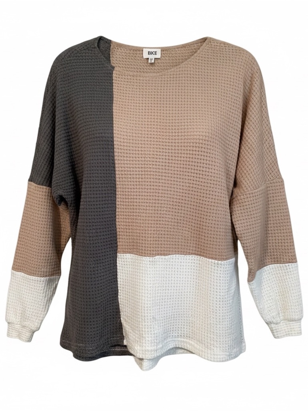 BKE Waffle Knit Colorblock Crew Sweater in Taupe, Charcoal & White